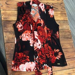 Calvin Klein Floral Sleeveless Blouse - Black and Red
